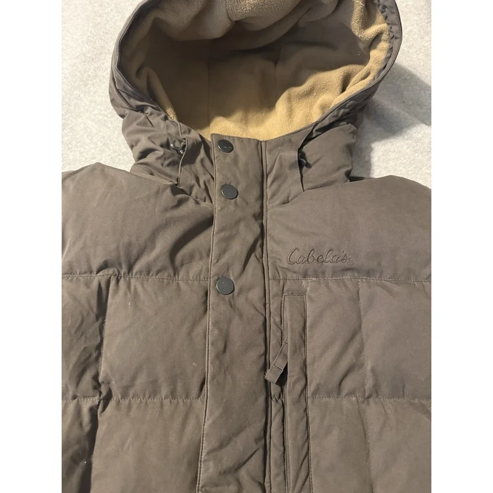 Cabela's Goose Down Quilted Puffer Parka Jacket Hooded Brown Fleece Lined Mens M